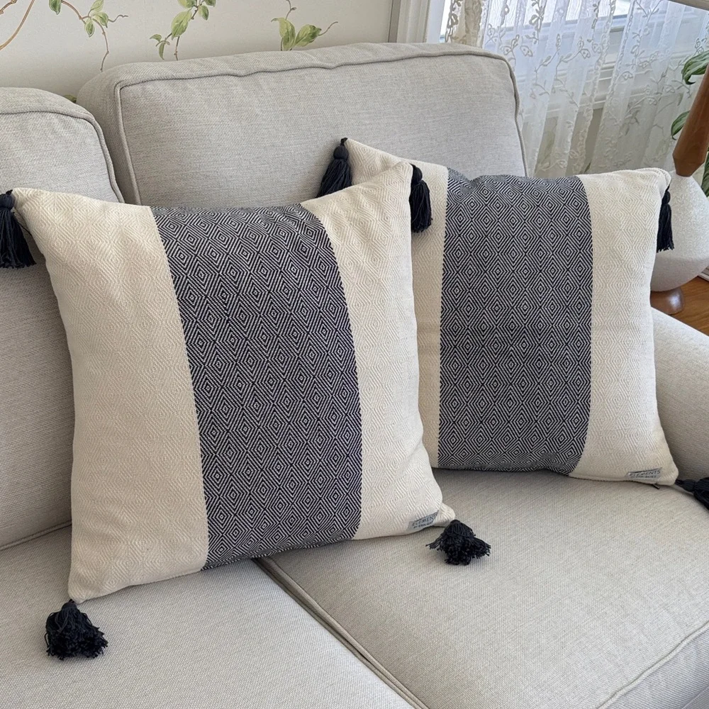 Elements by Erin Gates Navy & Cream Woven Throw Pillows with Tassels - Set of 2